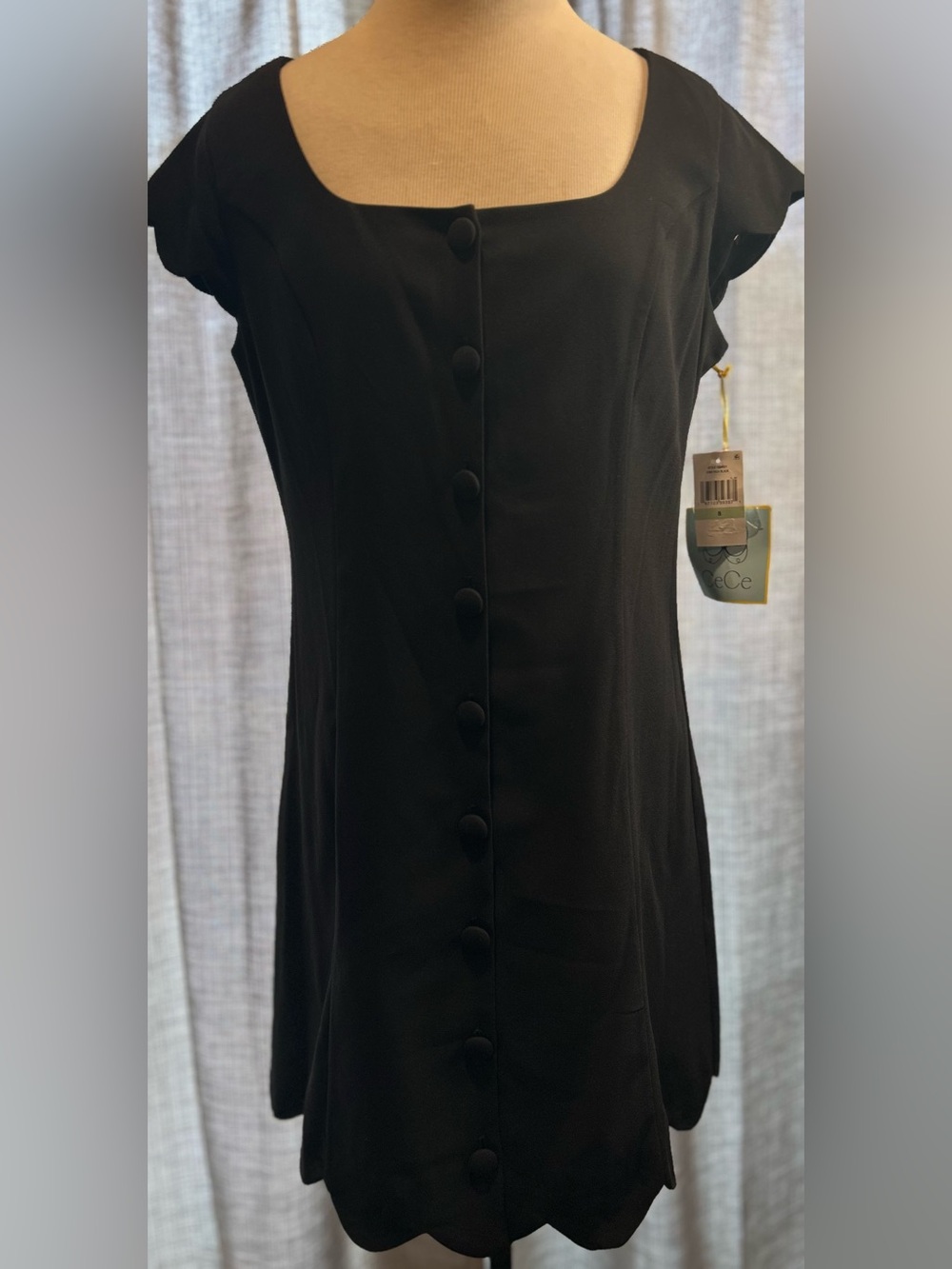 CeCe Black Square-Neck Button Front Midi Dress